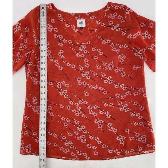 Cabi Chiffon Cherry Blossom Orange Red Floral Split Short Sleeve Top Sz M #5712 - Picture 9 of 10